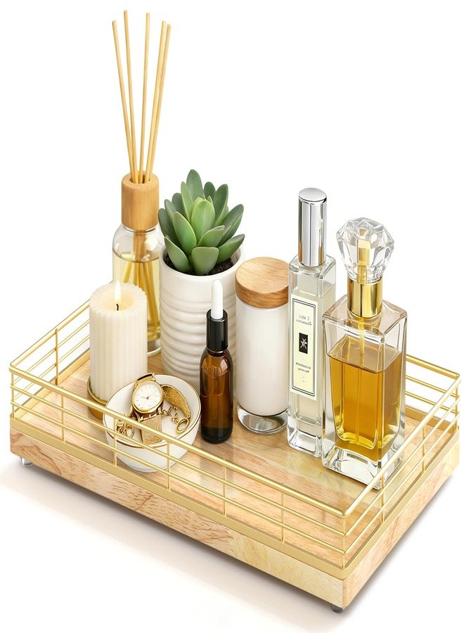 Focusonit Oka Wood Toilet Tank Tray - 13" x 8" Back of Toilet Topper Basket, Bathroom Vanity Tray for Countertop, Natural & Golden Frame - Image 1