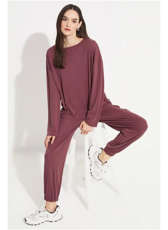 JUNE June Women Modal Blend Flowy Blouse Sweatpant Set Rose