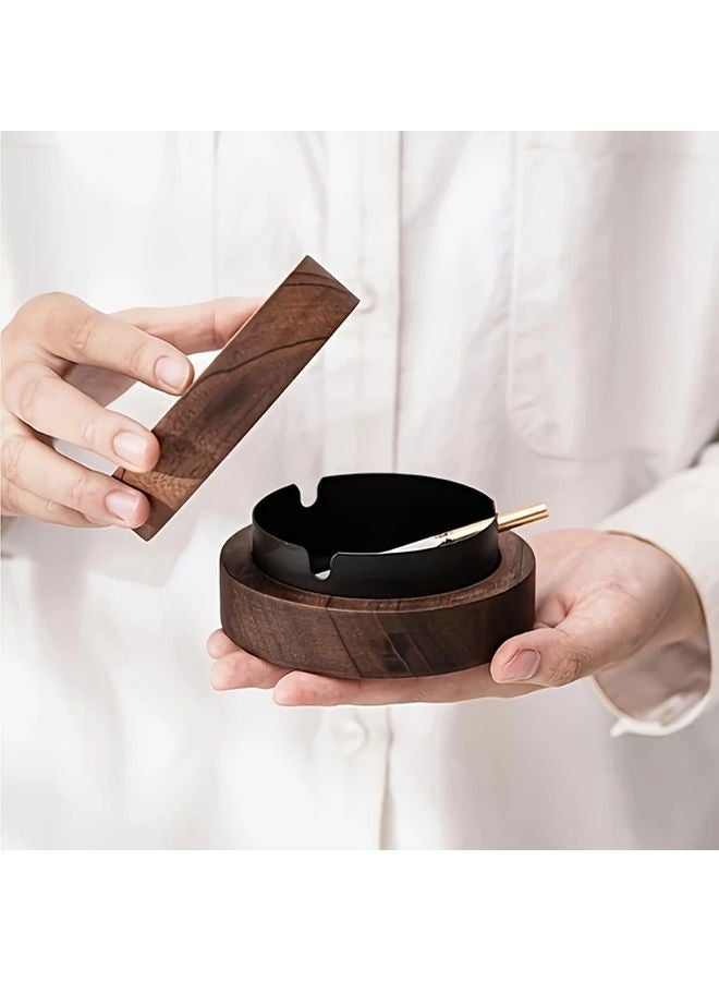 مطفأة سجائر خشبية سوداء بغطاء مضاد للرماد الطائر مستديرة للمنزل والمكتب - Image 2