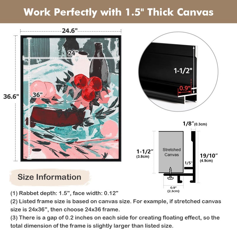 FOLKOR Metal Floating Frame for 36x36 Canvas Oil Paintings, DIY Canvas Frame with 1.5" Deep for Abstract Prints Wall Art/Portrait/Landscape Living Room Bedroom Kitchen Decor (Black) - Image 3