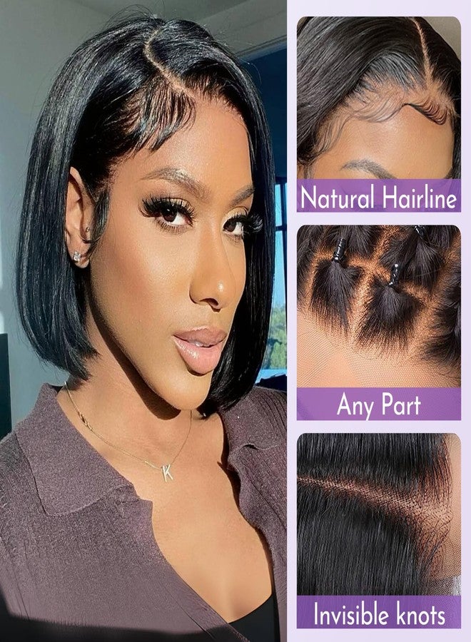 Eawwii Bob Wig Human Hair 13X4 Lace Front for Women Glueless Straight Natural Black 8 Inch - Image 2