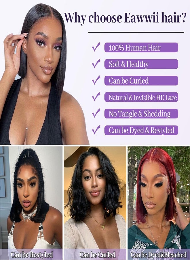 Eawwii Bob Wig Human Hair 13X4 Lace Front for Women Glueless Straight Natural Black 8 Inch - Image 4