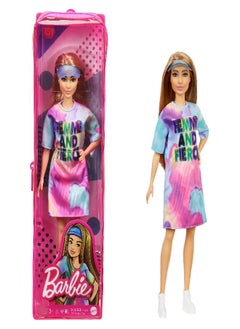 Barbie Fashionistas Doll, Petite, with Light Brown Hair Wearing Tie-Dye T-Shirt Dress, White Shoes & Visor, Toy for Kids 3 to 8 Years Old