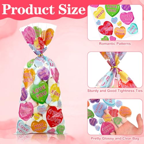 Yeyeplum 480 Pcs Valentine's Day Conversation Heart Cellophane Bags Bulk Set 240 Valentines Treat Clear Goodie Gift Bags with 240 Twist Ties for Valentines Wedding Party Favor Supplies - Image 3
