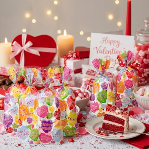 Yeyeplum 480 Pcs Valentine's Day Conversation Heart Cellophane Bags Bulk Set 240 Valentines Treat Clear Goodie Gift Bags with 240 Twist Ties for Valentines Wedding Party Favor Supplies - Image 5