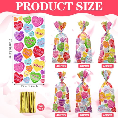 Yeyeplum 480 Pcs Valentine's Day Conversation Heart Cellophane Bags Bulk Set 240 Valentines Treat Clear Goodie Gift Bags with 240 Twist Ties for Valentines Wedding Party Favor Supplies - Image 2