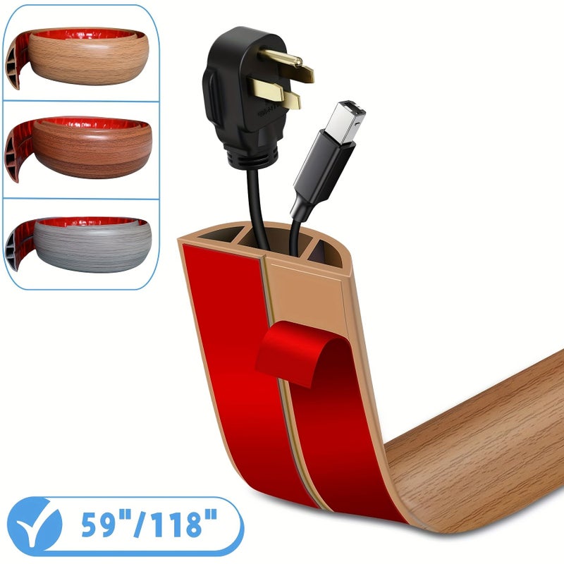 59 Inch Floor Cord Cover Adhesive Gray Wood Cable Protector for Office Gym - Image 1