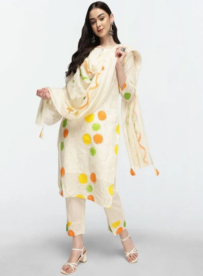 آي شين Women's Off White 100% Cotton Embroidered Tunic Full Length Palazzo Straight Fit Kurta Set