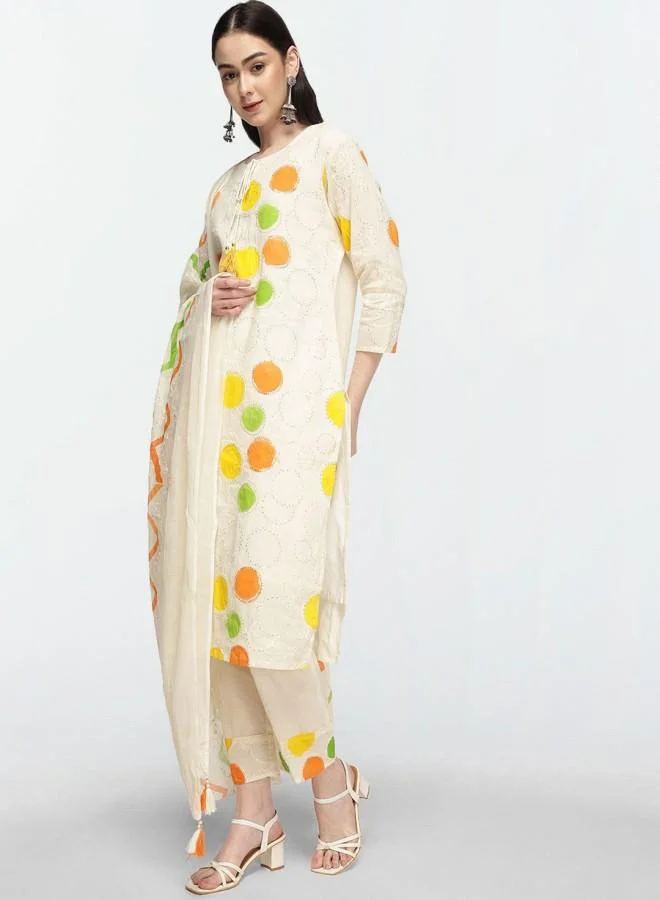 آي شين Women's Off White 100% Cotton Embroidered Tunic Full Length Palazzo Straight Fit Kurta Set