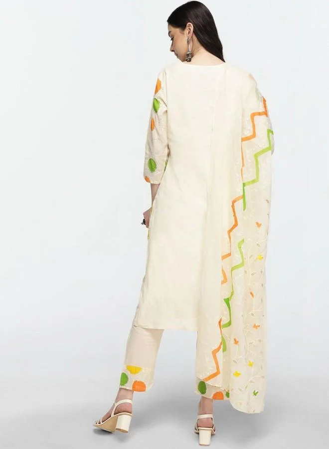 آي شين Women's Off White 100% Cotton Embroidered Tunic Full Length Palazzo Straight Fit Kurta Set