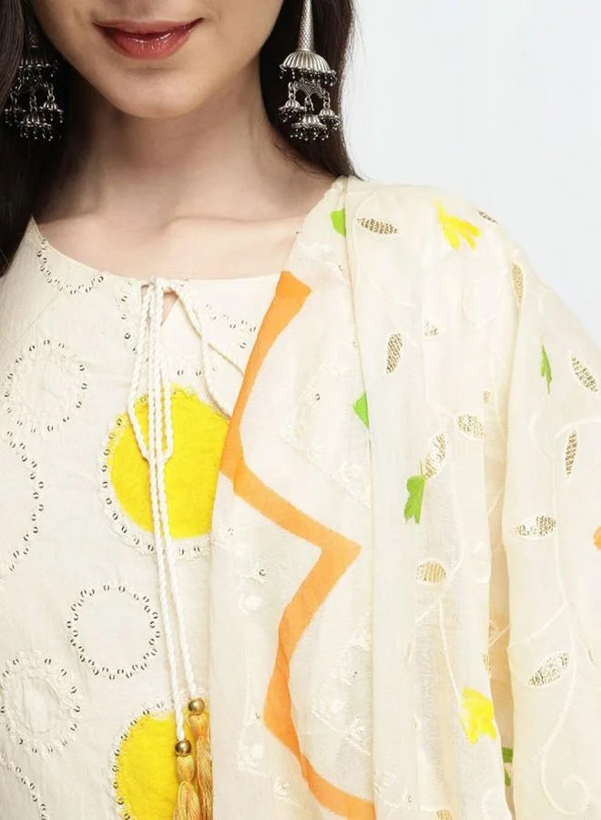 آي شين Women's Off White 100% Cotton Embroidered Tunic Full Length Palazzo Straight Fit Kurta Set