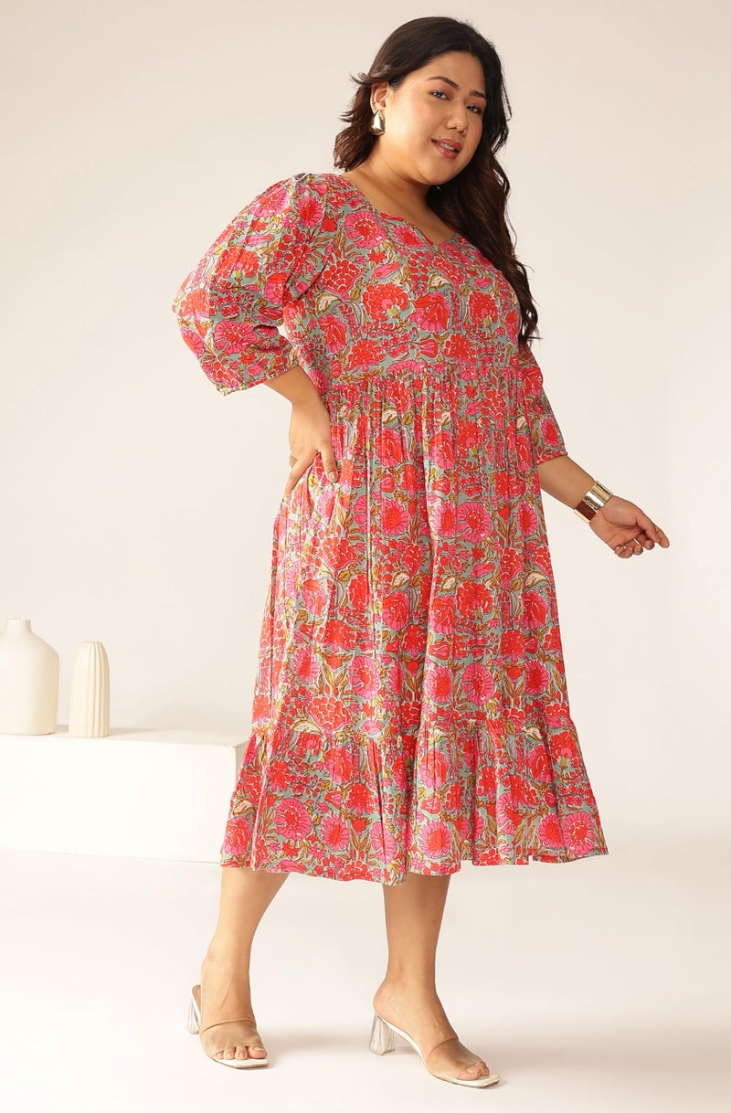 Janasya Women's Plus Size Pink Pure Cotton Floral Printed Flared Dress (XLC24DR01589-3XL) - Image 5