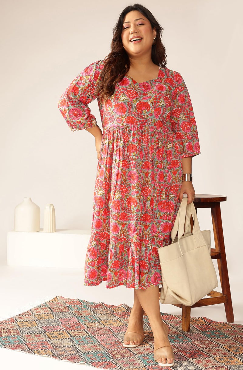 Janasya Women's Plus Size Pink Pure Cotton Floral Printed Flared Dress (XLC24DR01589-3XL) - Image 3