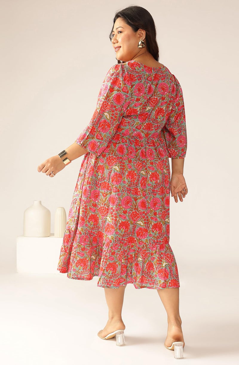 Janasya Women's Plus Size Pink Pure Cotton Floral Printed Flared Dress (XLC24DR01589-3XL) - Image 4