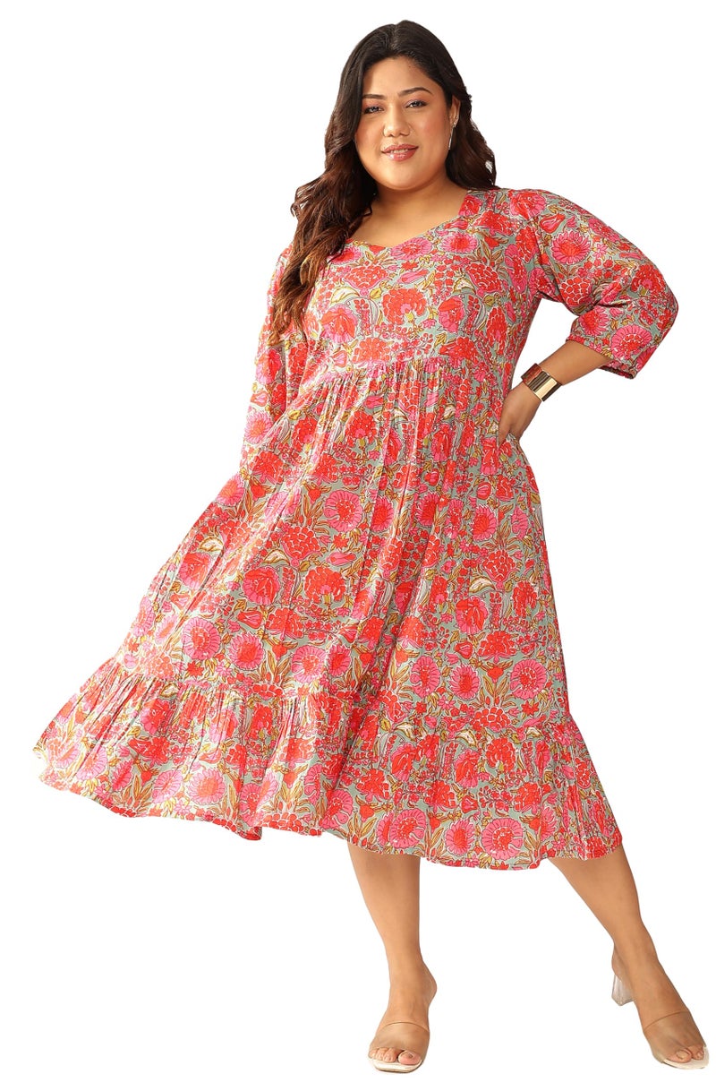 Janasya Women's Plus Size Pink Pure Cotton Floral Printed Flared Dress (XLC24DR01589-3XL) - Image 1