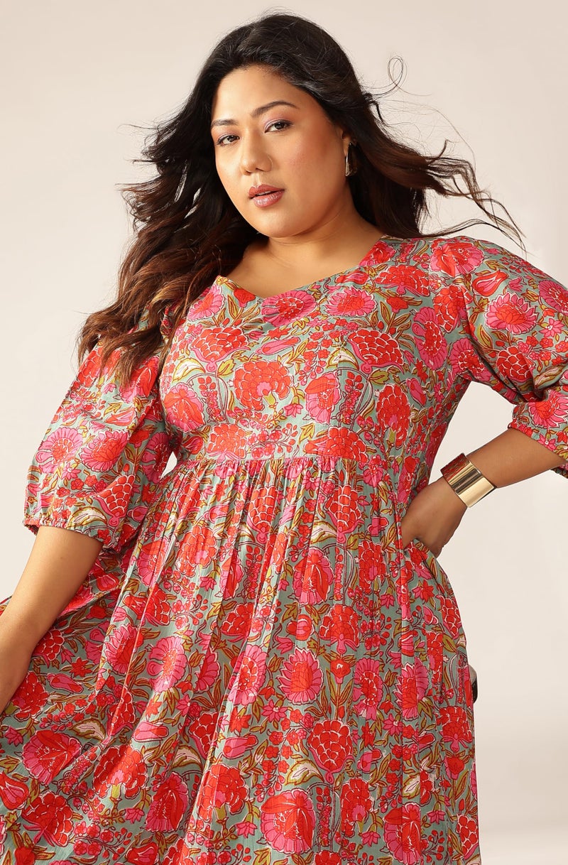 Janasya Women's Plus Size Pink Pure Cotton Floral Printed Flared Dress (XLC24DR01589-3XL) - Image 2