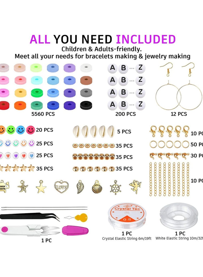 bbet 6000+ Clay Beads for Bracelet Making Kit, 24 Colors Flat Preppy Beads, DIY Jewelry Set with Pendant Charms & Elastic Strings, Arts Crafts Gift for Girls, Necklace Earring Making Supplies - Image 3