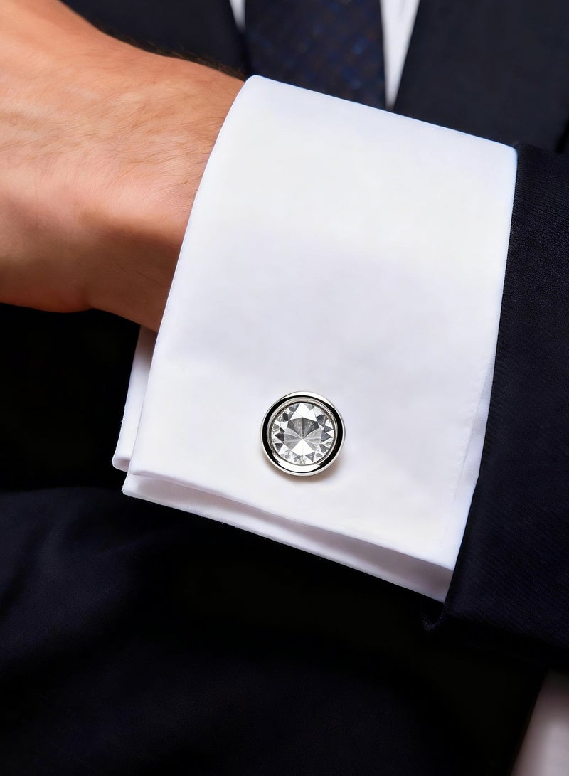 HomeNoor Classic Silver Crystal Cufflinks, Elegant Formal French Cufflinks for Business, Wedding and Daily Wear, Stylish Shirt Cuff Links for Special Events, Perfect Gift Idea for Men & Women - Image 1