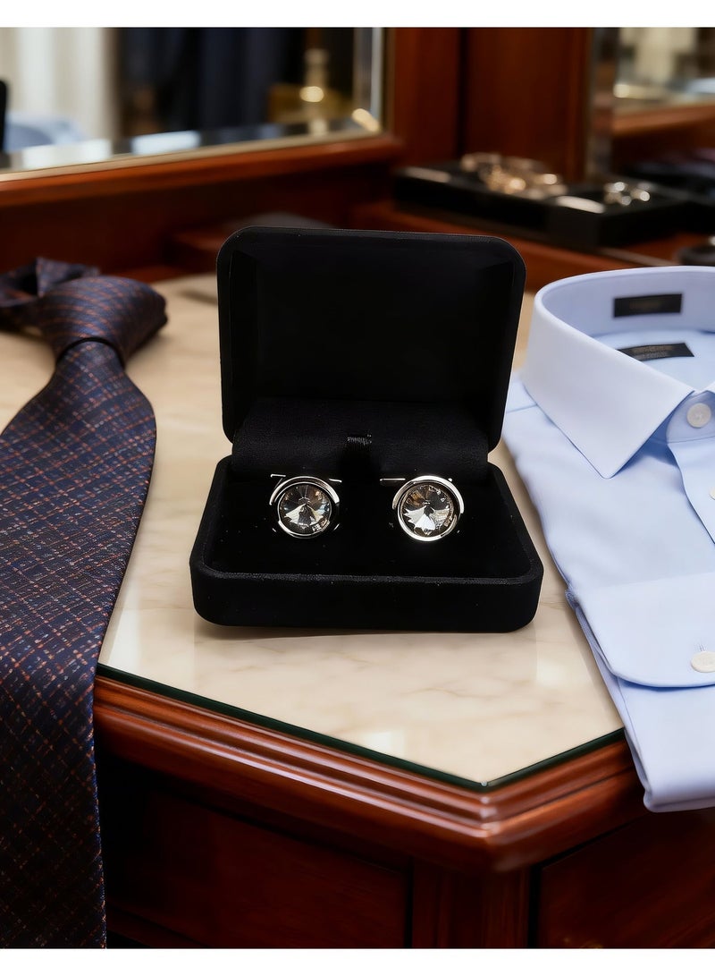 HomeNoor Classic Silver Crystal Cufflinks, Elegant Formal French Cufflinks for Business, Wedding and Daily Wear, Stylish Shirt Cuff Links for Special Events, Perfect Gift Idea for Men & Women - Image 3