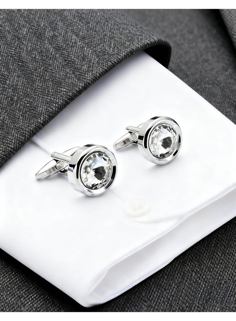 HomeNoor Classic Silver Crystal Cufflinks, Elegant Formal French Cufflinks for Business, Wedding and Daily Wear, Stylish Shirt Cuff Links for Special Events, Perfect Gift Idea for Men & Women - Image 3