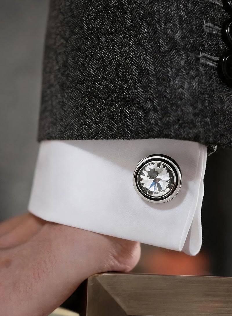 HomeNoor Classic Silver Crystal Cufflinks, Elegant Formal French Cufflinks for Business, Wedding and Daily Wear, Stylish Shirt Cuff Links for Special Events, Perfect Gift Idea for Men & Women - Image 1