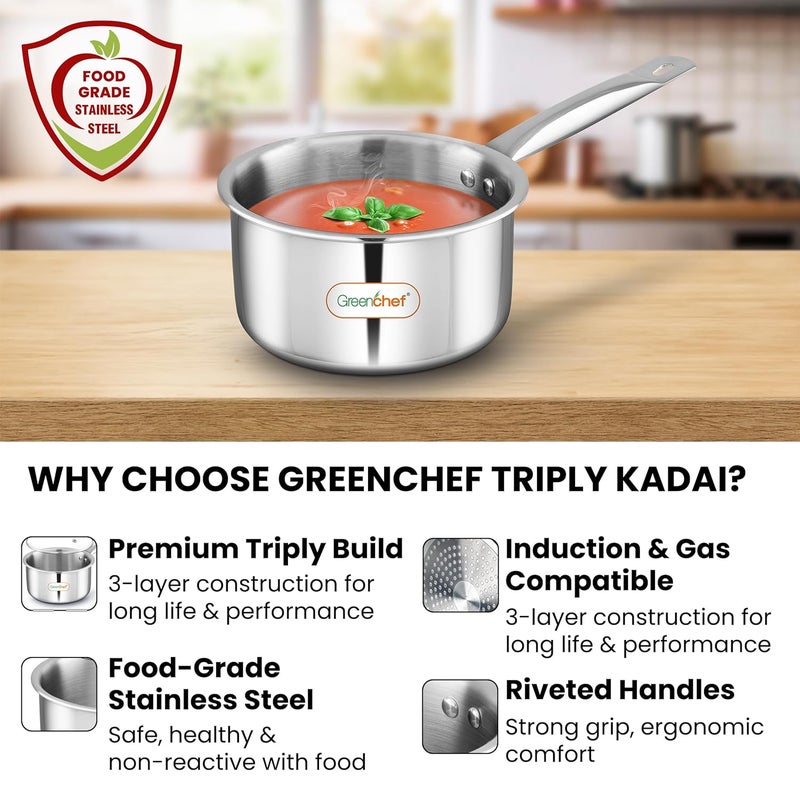 Greenchef SS Tri ply Steel Crest - Sauce pan 14cm, Stainless Steel Exterior Surface, Ergonomic Handles, Induction Compatible, Scratch Resistant, 5Year Warranty - Image 5
