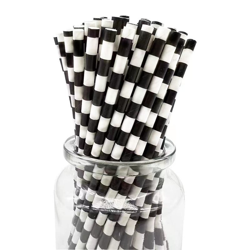 BOFA Eco Tableware Disposable Black White Checkered Straws  Biodegradable Black Striped Paper Drinking Straw Black and White Treat Stick for Party & Cake Pop Sticks  100 PCS Packed in Paper Box - Image 1