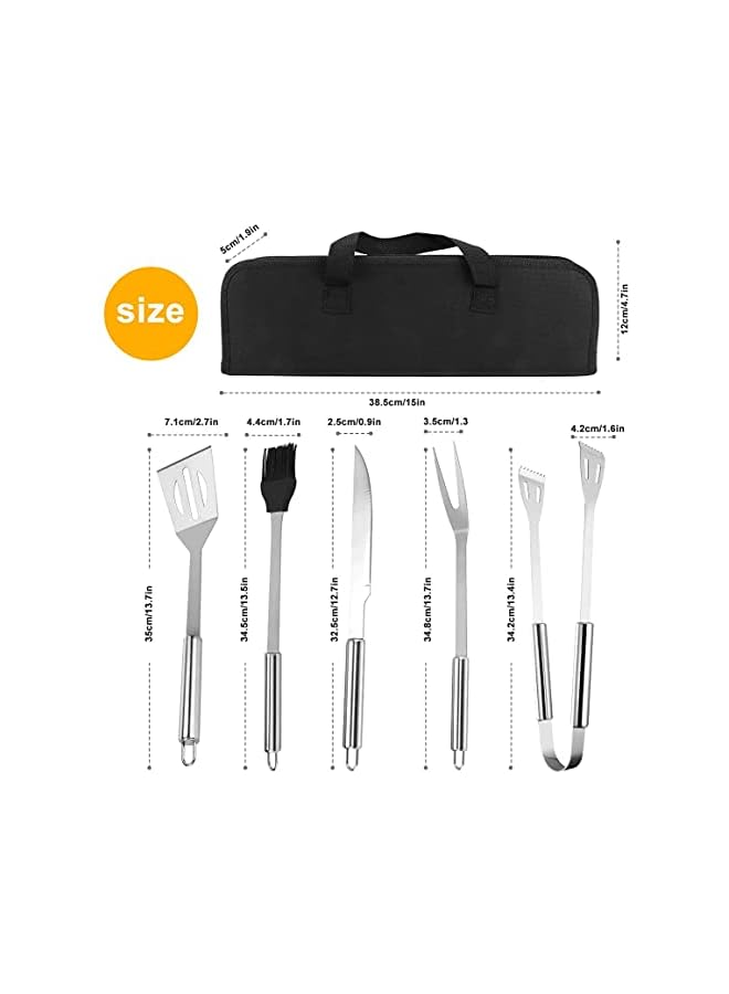 PROMASS Tools Set, 5Pcs Stainless Steel Portable Grill Accessories, For Home Patio Backyard Grilling Lawn Camping Hiking, Picnics Kitchen, Grill Tool With Knife Brush Fork Spatula Tong, With Oxford Bag - Image 5