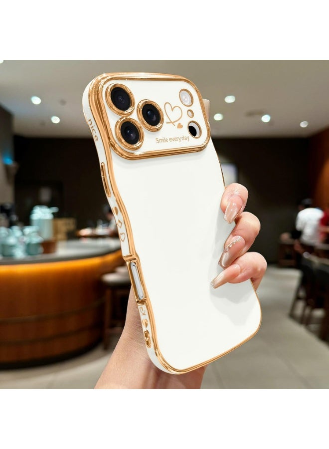 HaDoii iPhone 17 Pro Case, Cute Wave Frame Curly Shape with Love Heart Pattern Raised Camera Protection Cover Luxury Plating Shockproof Phone Case for Women Girls, White - Image 2