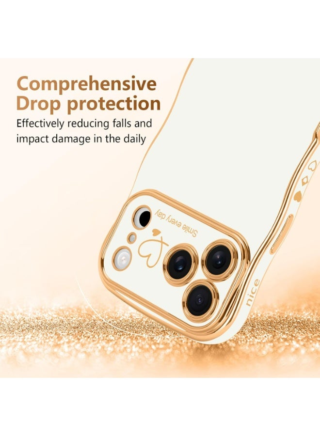 HaDoii iPhone 17 Pro Case, Cute Wave Frame Curly Shape with Love Heart Pattern Raised Camera Protection Cover Luxury Plating Shockproof Phone Case for Women Girls, White - Image 3