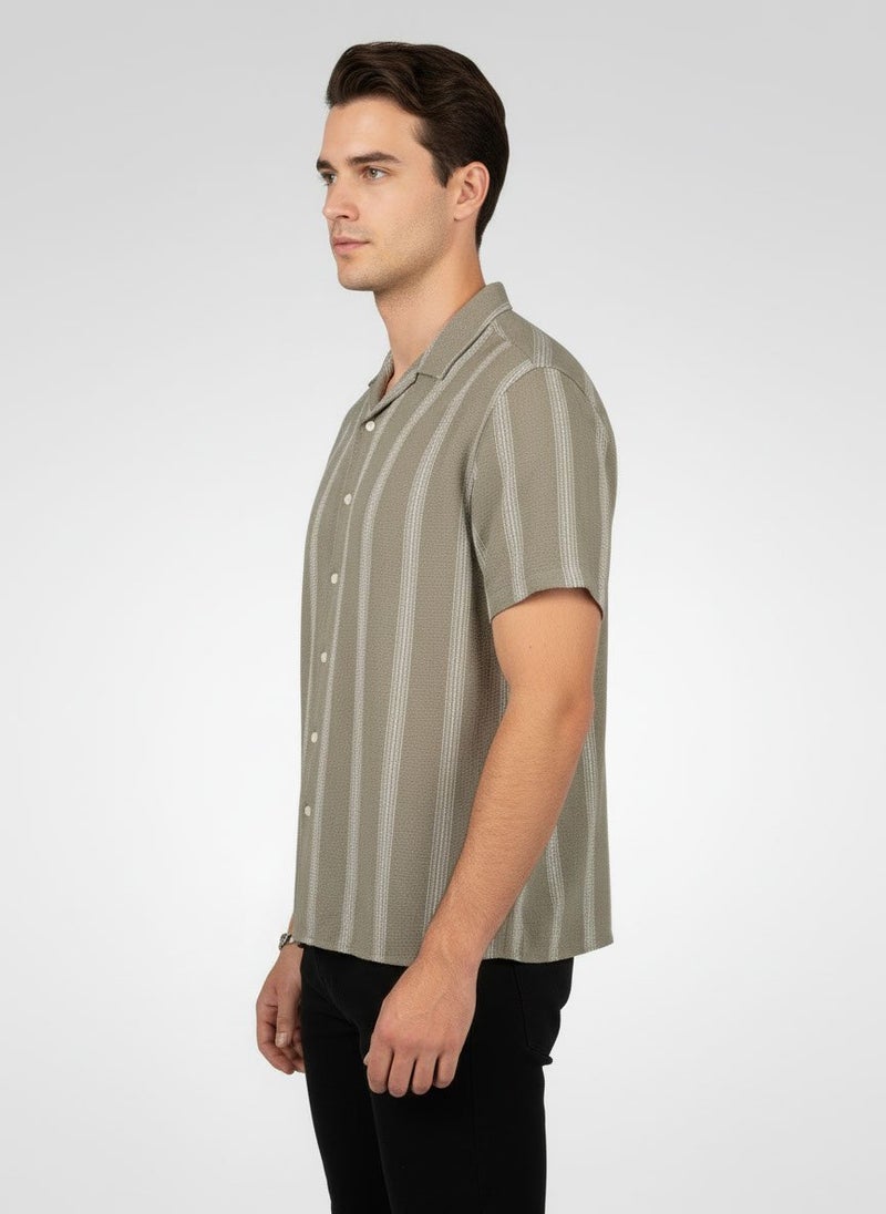 Selected Homme Men Regular Fit Stripe Short Sleeve Casual Shirt, Sage Green - Image 3