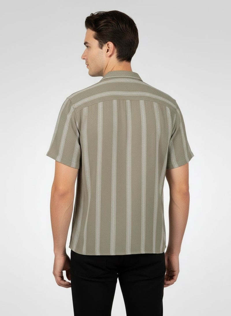 Selected Homme Men Regular Fit Stripe Short Sleeve Casual Shirt, Sage Green - Image 5