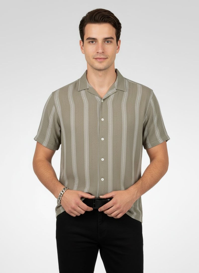 Selected Homme Men Regular Fit Stripe Short Sleeve Casual Shirt, Sage Green - Image 1