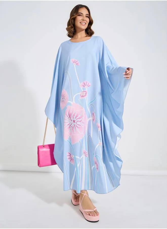 Styli Floral Print Kimono Sleeves Kaftan