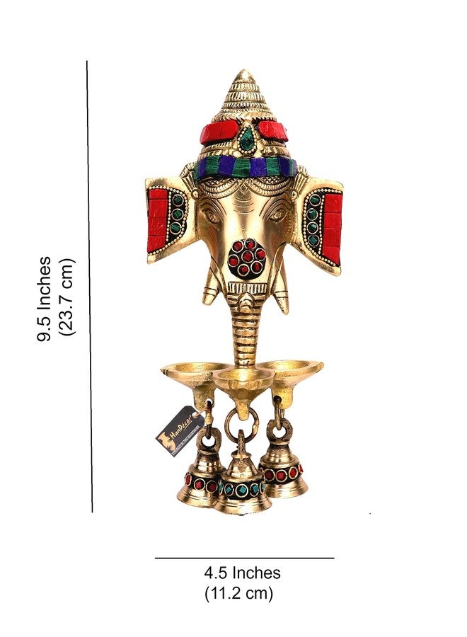 Two Moustaches Gemstone Work Brass Ganesha Wall Hanging Diya with Bells for Home Decor, Brass Hanging Diyas Oil Lamp, Diwali Gifts, Diyas for Diwali, Ghanti for Pooja, Temple Decor, Pack of 1 - Image 4