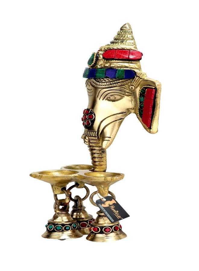 Two Moustaches Gemstone Work Brass Ganesha Wall Hanging Diya with Bells for Home Decor, Brass Hanging Diyas Oil Lamp, Diwali Gifts, Diyas for Diwali, Ghanti for Pooja, Temple Decor, Pack of 1 - Image 3