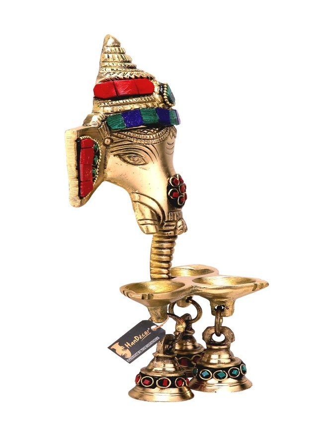 Two Moustaches Gemstone Work Brass Ganesha Wall Hanging Diya with Bells for Home Decor, Brass Hanging Diyas Oil Lamp, Diwali Gifts, Diyas for Diwali, Ghanti for Pooja, Temple Decor, Pack of 1 - Image 2