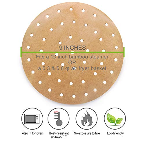 Vancens 100pcs Unbleached Air Fryer Liners, 9inch Bamboo Steamer Liners, Vancens Premium Perforated Parchment Steaming Paper Rounds, Non-stick Steamer Mat, Perfect for 5.3 & 5.8 QT Air Fryers/Baking/Cooking - Image 3
