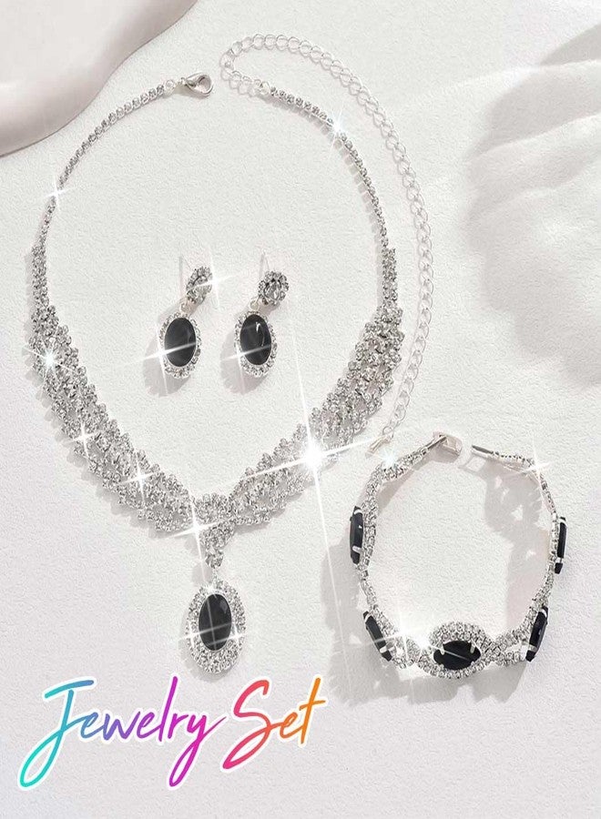 يونيكرا طقم مجوهرات زفاف مرصع بأحجار الراين من يونيكرا، طقم فضي مكون من عقد وأقراط وسوار، طقم مجوهرات رسمي لحفلات التخرج للنساء والعرائس (أسود) - Image 2