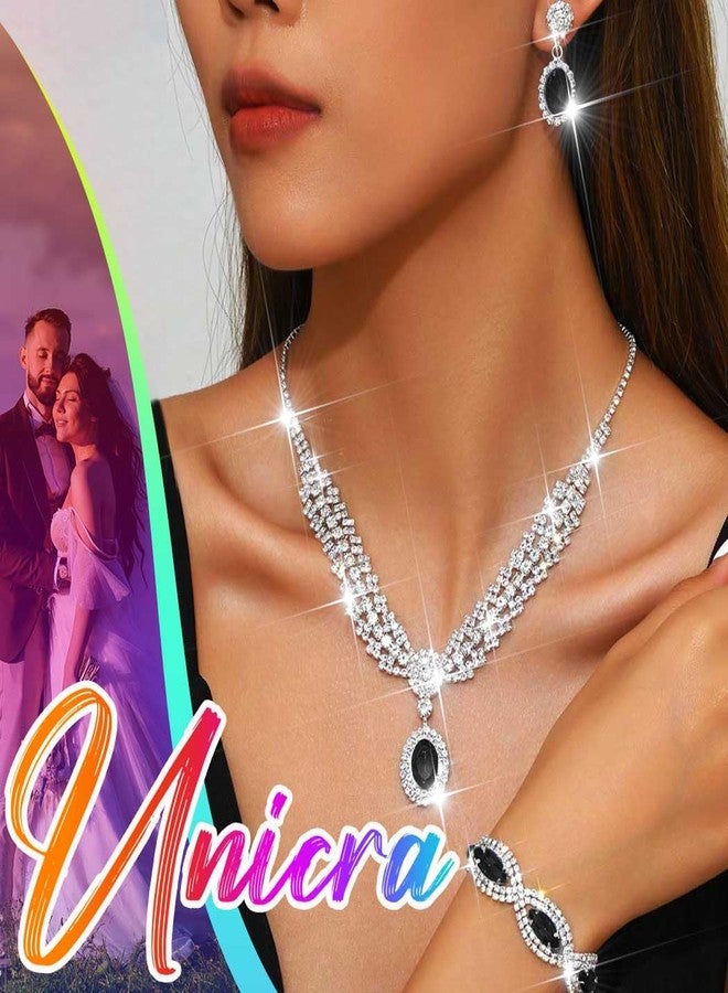 يونيكرا طقم مجوهرات زفاف مرصع بأحجار الراين من يونيكرا، طقم فضي مكون من عقد وأقراط وسوار، طقم مجوهرات رسمي لحفلات التخرج للنساء والعرائس (أسود) - Image 5