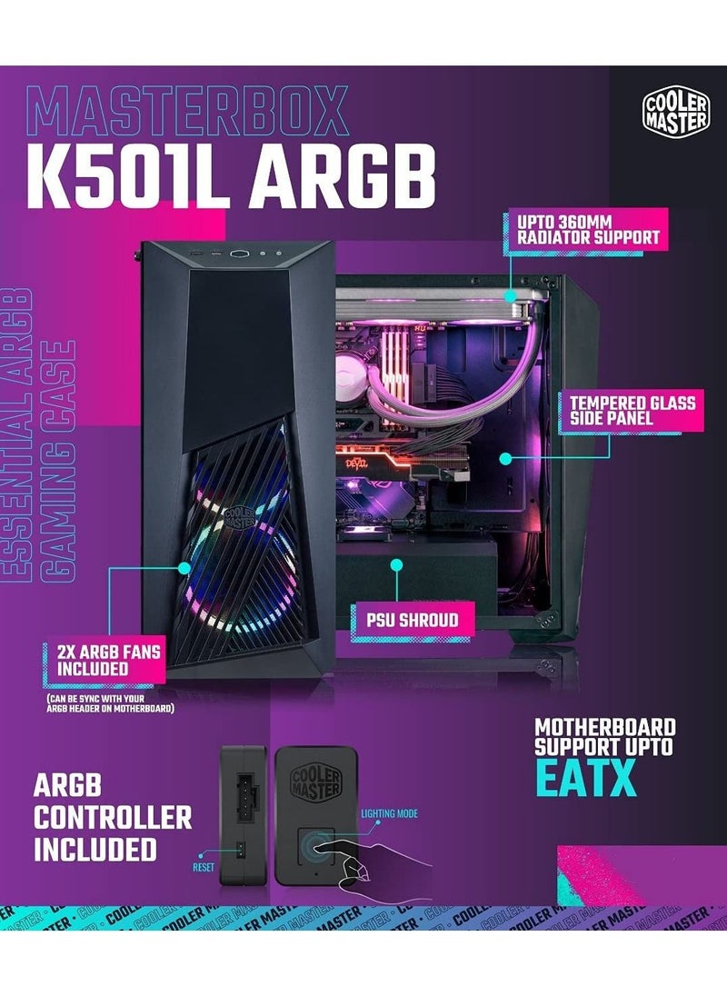 COOLER MASTER - Master MasterBox K501L ARGB Mid Tower ATX Gaming Case with Pre-Installed Two ARGB Fans, PSU Shroud and Tempered Glass Side Panel - Image 1
