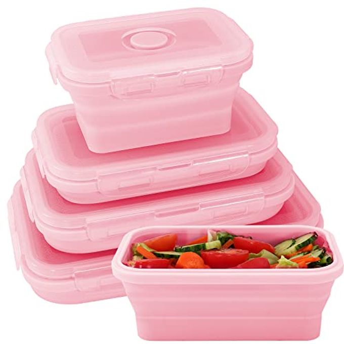 Collapsible Silicone Food Storage Containers with Lids,Set of 4 Silicone Lunch Box Containers,Foldable Meal Prep Container for Kitchen,Microwave & Dishwasher & Freezer Safe,BPA Free(Square Pink,4PCS)