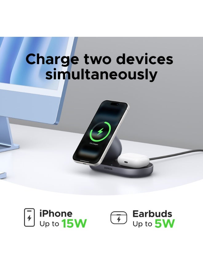يو جرين شاحن لاسلكي ماغسيف Qi2 بقوة 15 واط 2 في 1 محطة شحن مغناطيسية مكتبية مع حامل شاحن آيفون شحن لاسلكي سريع لآيفون 17/16/15/14/13/12 وسماعات أيربودز 2/3/4/برو/برو2، جالاكسي بودز - Image 3