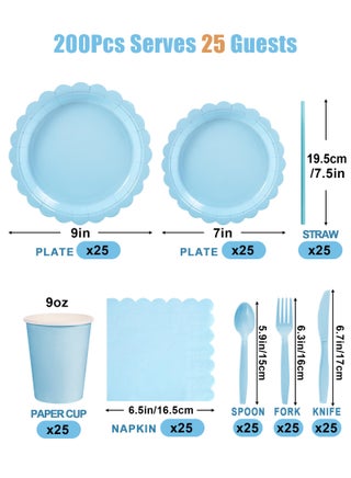 200 Pcs Blue Paper Plates and Napkins, Light Blue Party Supplies Include Scalloped Plate Napkins Cups Plastic Spoons Forks Knives for Baby Shower, Wedding, Birthday - view 2