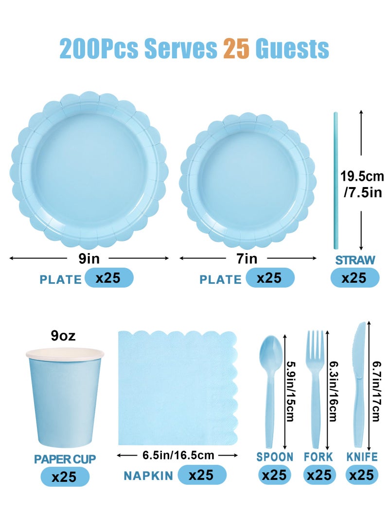 URbazaar 200 Pcs Blue Paper Plates and Napkins, Light Blue Party Supplies Include Scalloped Plate Napkins Cups Plastic Spoons Forks Knives for Baby Shower, Wedding, Birthday  - Image 2