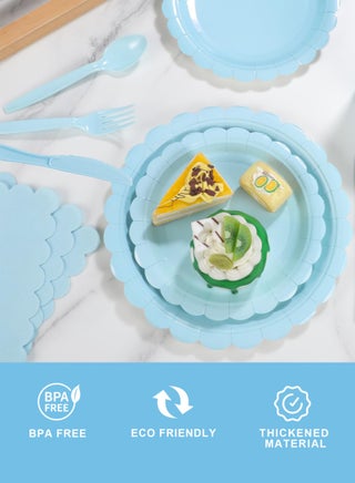 200 Pcs Blue Paper Plates and Napkins, Light Blue Party Supplies Include Scalloped Plate Napkins Cups Plastic Spoons Forks Knives for Baby Shower, Wedding, Birthday - view 3