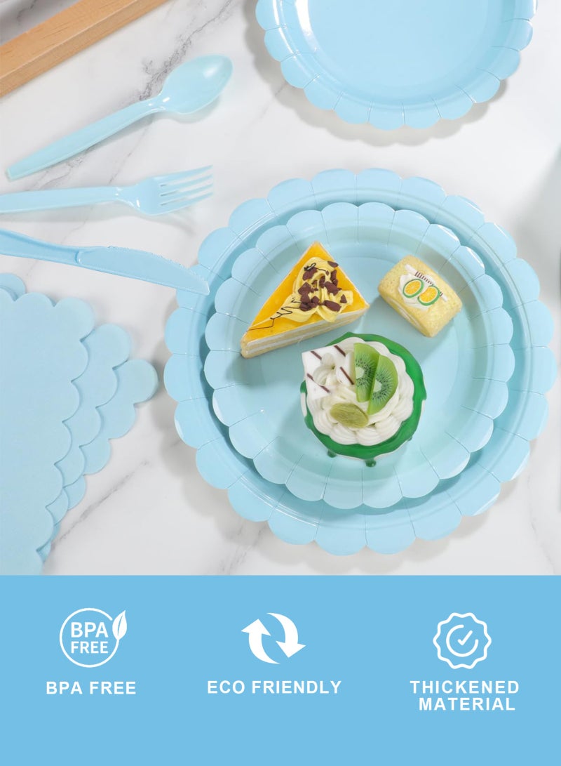 URbazaar 200 Pcs Blue Paper Plates and Napkins, Light Blue Party Supplies Include Scalloped Plate Napkins Cups Plastic Spoons Forks Knives for Baby Shower, Wedding, Birthday  - Image 3