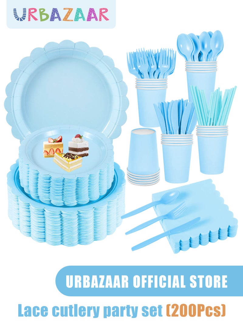 URbazaar 200 Pcs Blue Paper Plates and Napkins, Light Blue Party Supplies Include Scalloped Plate Napkins Cups Plastic Spoons Forks Knives for Baby Shower, Wedding, Birthday  - Image 1