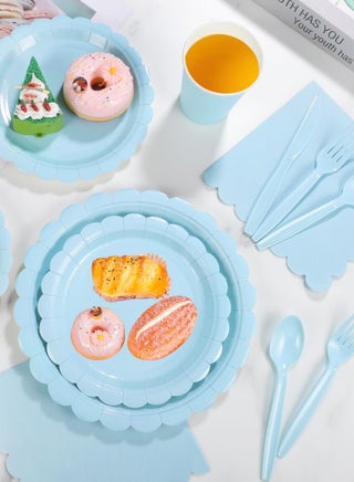 200 Pcs Blue Paper Plates and Napkins, Light Blue Party Supplies Include Scalloped Plate Napkins Cups Plastic Spoons Forks Knives for Baby Shower, Wedding, Birthday - view 5