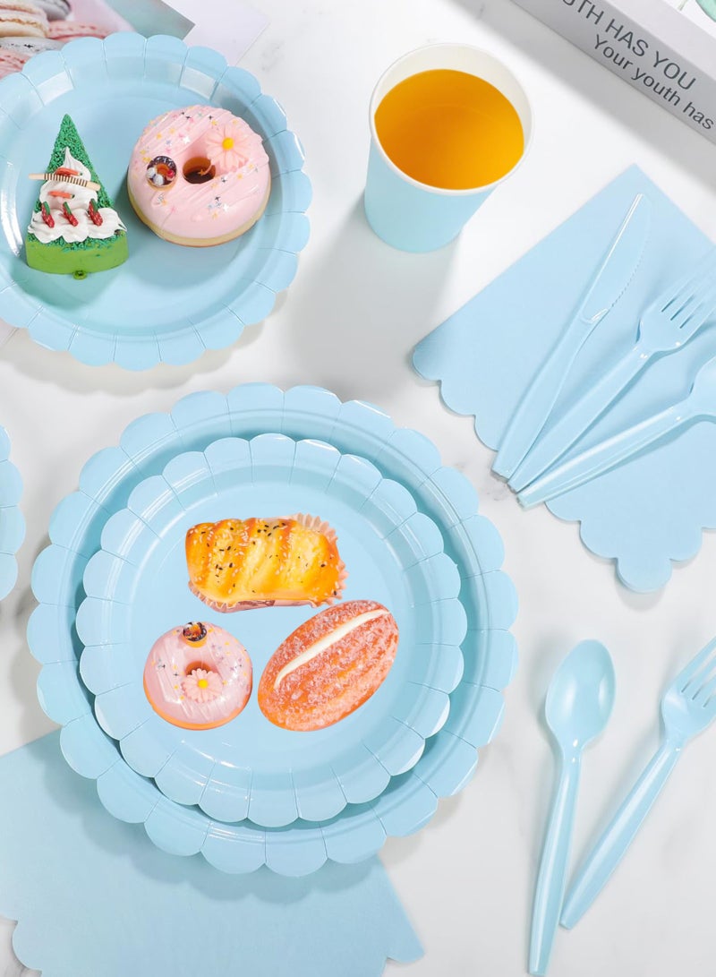 URbazaar 200 Pcs Blue Paper Plates and Napkins, Light Blue Party Supplies Include Scalloped Plate Napkins Cups Plastic Spoons Forks Knives for Baby Shower, Wedding, Birthday  - Image 5